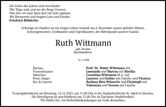 Traueranzeige von Ruth Wittmann von Süddeutsche Zeitung