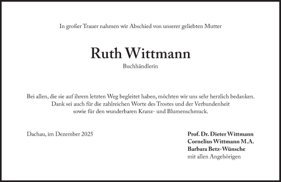 Traueranzeige von Ruth Wittmann von Süddeutsche Zeitung