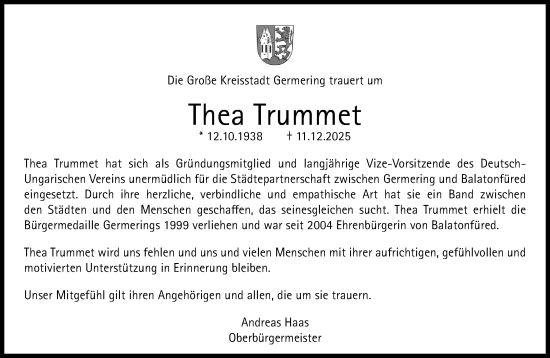 Traueranzeige von Thea Trummet von Süddeutsche Zeitung