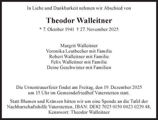 Traueranzeige von Theodor Walleitner von Süddeutsche Zeitung