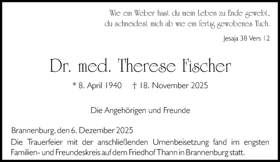 Traueranzeige von Therese Fischer von Süddeutsche Zeitung