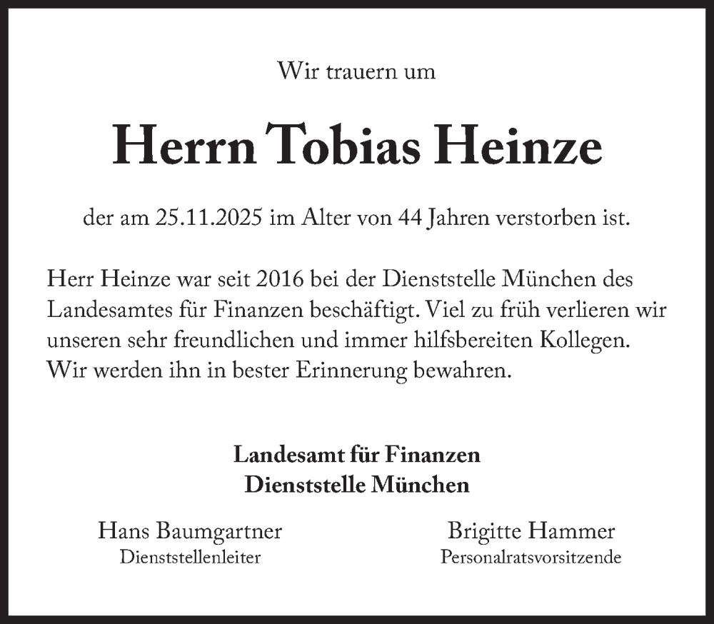 Traueranzeige für Tobias Heinze vom 06.12.2025 aus Süddeutsche Zeitung