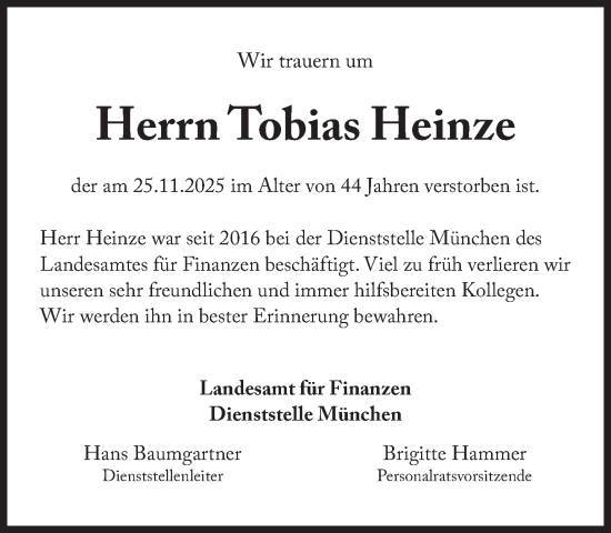 Traueranzeige von Tobias Heinze von Süddeutsche Zeitung