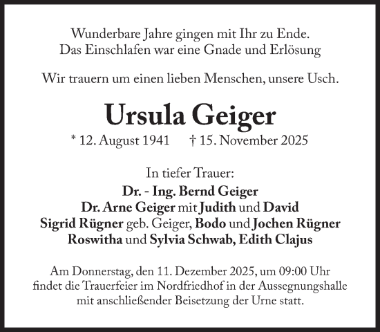 Traueranzeige von Ursula Geiger von Süddeutsche Zeitung