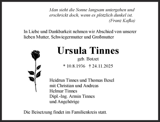 Traueranzeige von Ursula Tinnes von Süddeutsche Zeitung