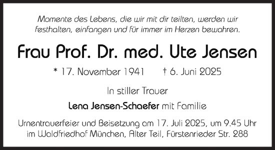 Traueranzeige von Ute Jensen von Süddeutsche Zeitung