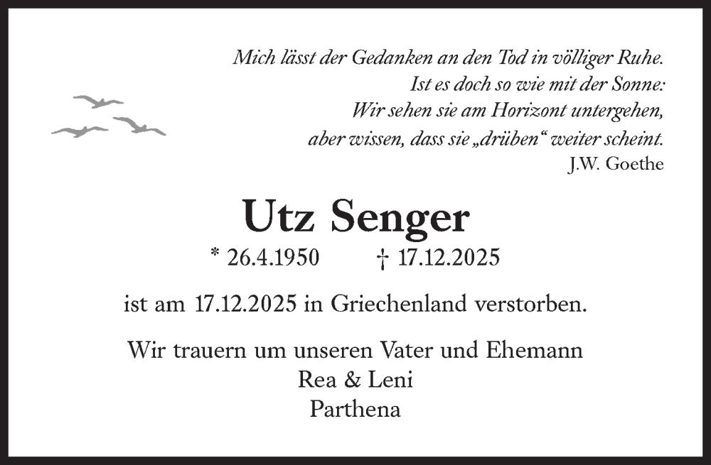  Traueranzeige für Utz Senger vom 24.12.2025 aus Süddeutsche Zeitung