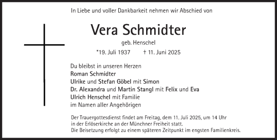 Traueranzeige von Vera Schmidter von Süddeutsche Zeitung