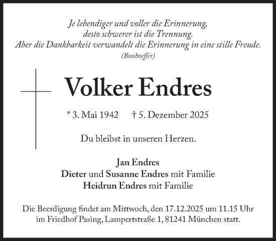 Traueranzeige von Volker Endres von Süddeutsche Zeitung