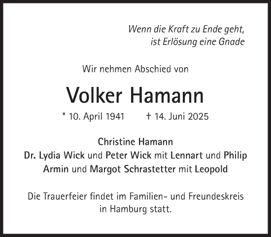 Traueranzeige von Volker Hamann von Süddeutsche Zeitung