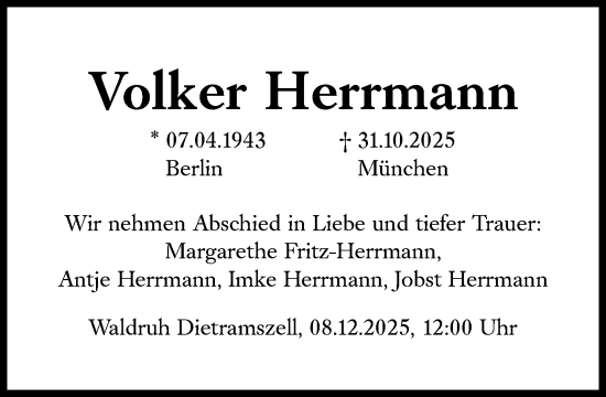 Traueranzeige von Volker Herrmann von Süddeutsche Zeitung