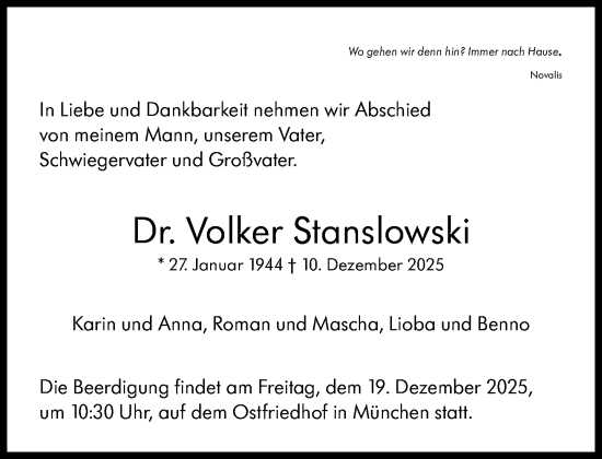 Traueranzeige von Volker Stanslowski von Süddeutsche Zeitung