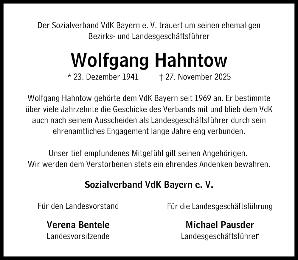 Traueranzeige für Wolfgang Hahntow vom 20.12.2025 aus Süddeutsche Zeitung