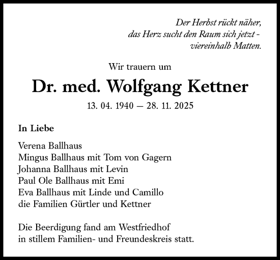 Traueranzeige von Wolfgang Kettner von Süddeutsche Zeitung