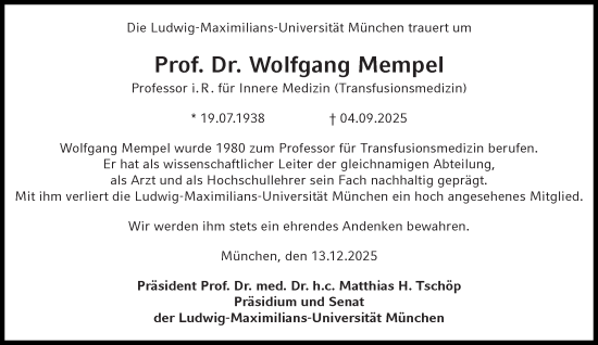 Traueranzeige von Wolfgang Mempel von Süddeutsche Zeitung