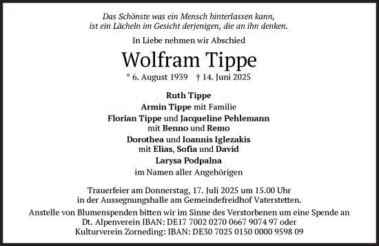 Traueranzeige von Wolfram Tippe von Süddeutsche Zeitung
