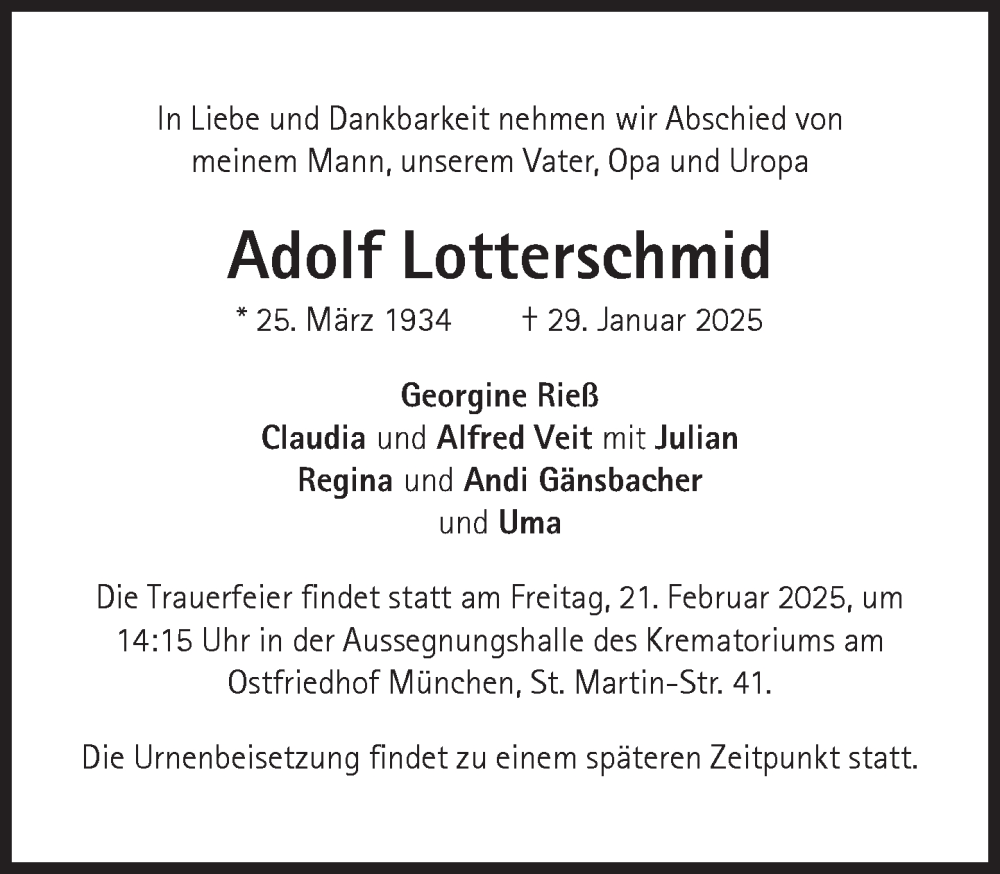  Traueranzeige für Adolf Lotterschmid vom 15.02.2025 aus Süddeutsche Zeitung