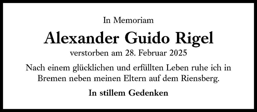  Traueranzeige für Alexander Guido Rigel vom 05.03.2025 aus Süddeutsche Zeitung
