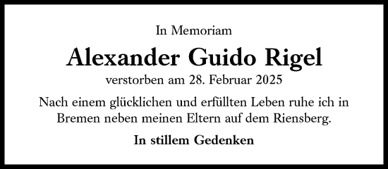 Traueranzeige von Alexander Guido Rigel von Süddeutsche Zeitung