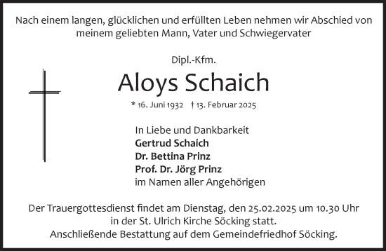 Traueranzeige von Aloys Schaich von Süddeutsche Zeitung
