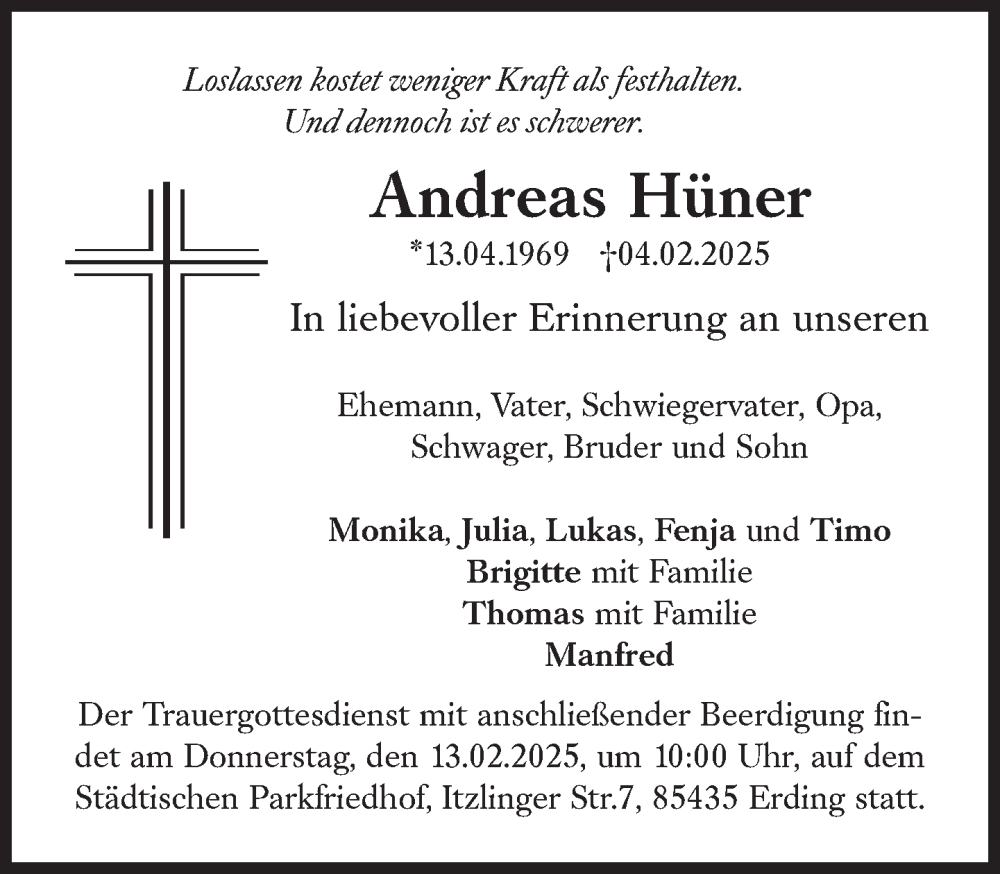  Traueranzeige für Andreas Hüner vom 08.02.2025 aus Süddeutsche Zeitung