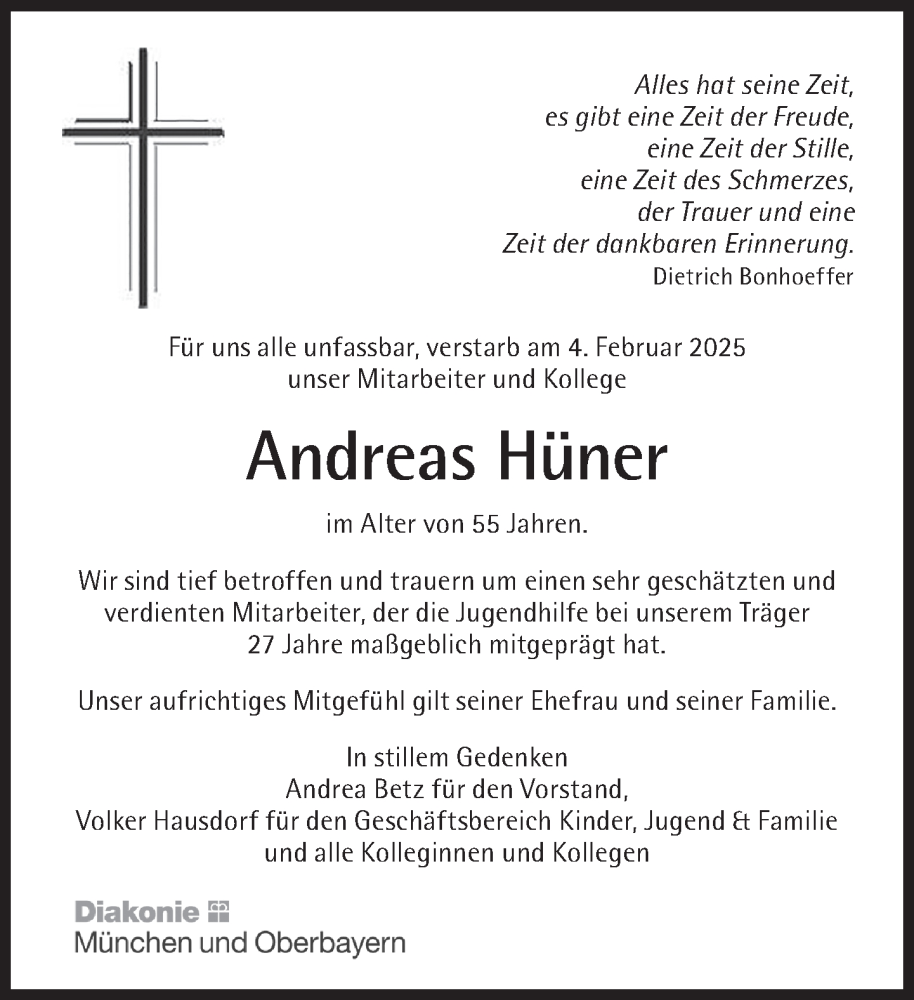  Traueranzeige für Andreas Hüner vom 08.02.2025 aus Süddeutsche Zeitung