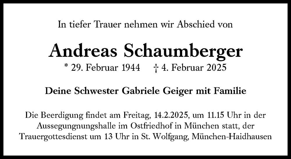  Traueranzeige für Andreas Schaumberger vom 12.02.2025 aus Süddeutsche Zeitung