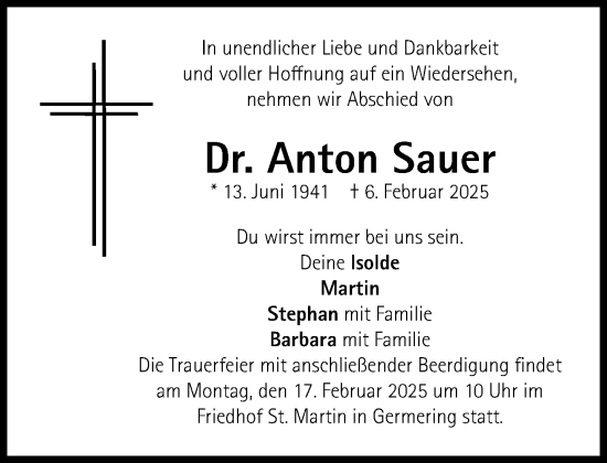 Traueranzeige von Anton Sauer von Süddeutsche Zeitung