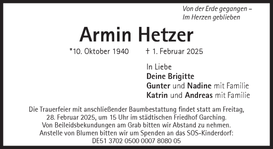 Traueranzeige von Armin Hetzer von Süddeutsche Zeitung
