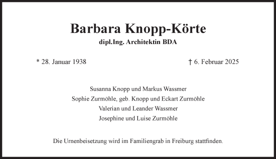 Traueranzeige von Barbara Knopp-Körte von Süddeutsche Zeitung