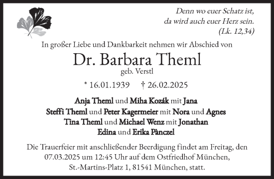 Traueranzeige von Barbara Theml von Süddeutsche Zeitung