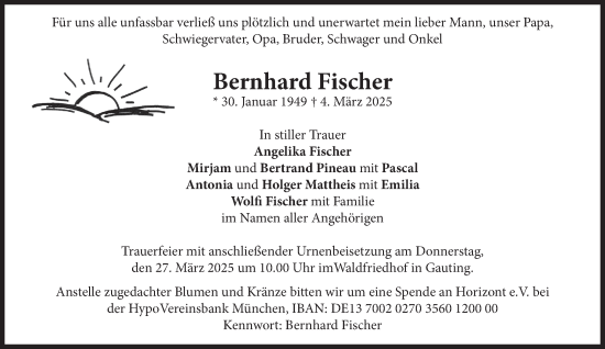 Traueranzeige von Bernhard Fischer von Süddeutsche Zeitung