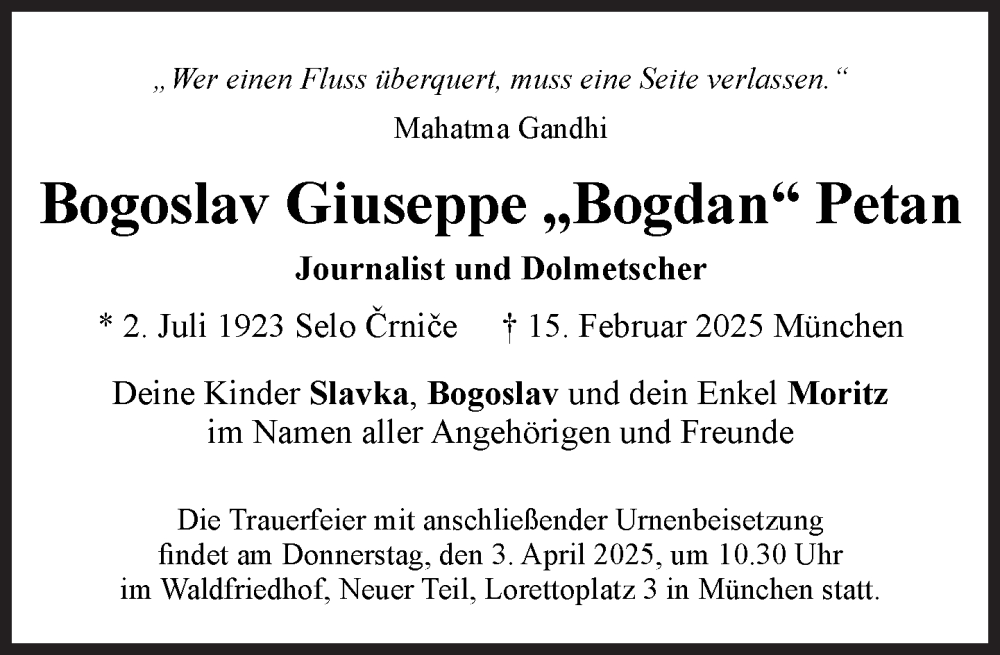  Traueranzeige für Bogoslav Giuseppe Petan vom 22.03.2025 aus Süddeutsche Zeitung