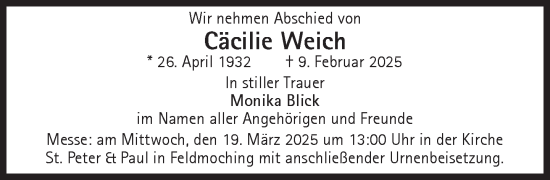 Traueranzeige von Cäcilie Weich von Süddeutsche Zeitung
