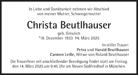 Traueranzeige von Christa Beutlhauser von Süddeutsche Zeitung