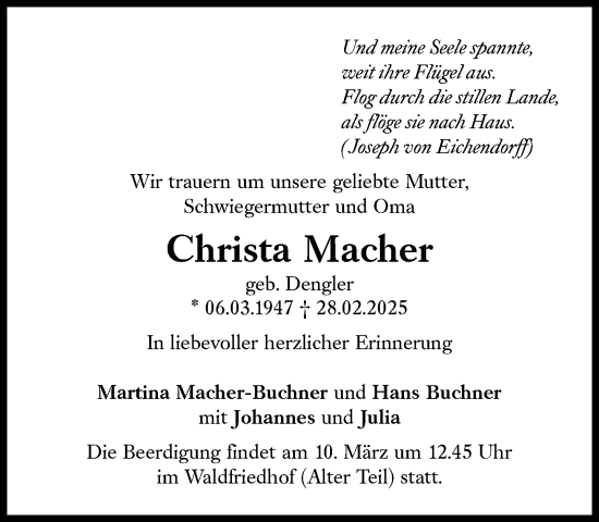 Traueranzeige von Christa Macher von Süddeutsche Zeitung
