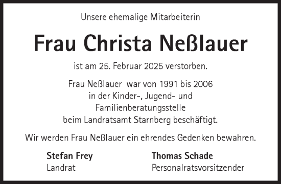 Traueranzeige von Christa Neßlauer von Süddeutsche Zeitung