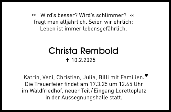 Traueranzeige von Christa Rembold von Süddeutsche Zeitung