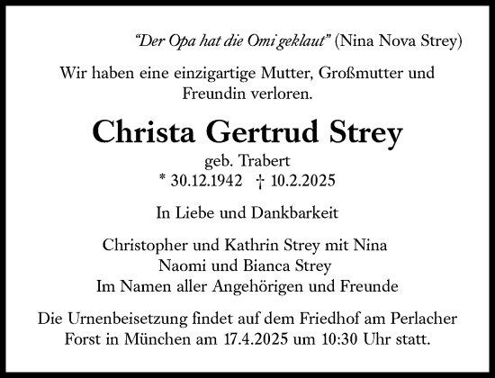 Traueranzeige von Christa Gertrud Strey von Süddeutsche Zeitung