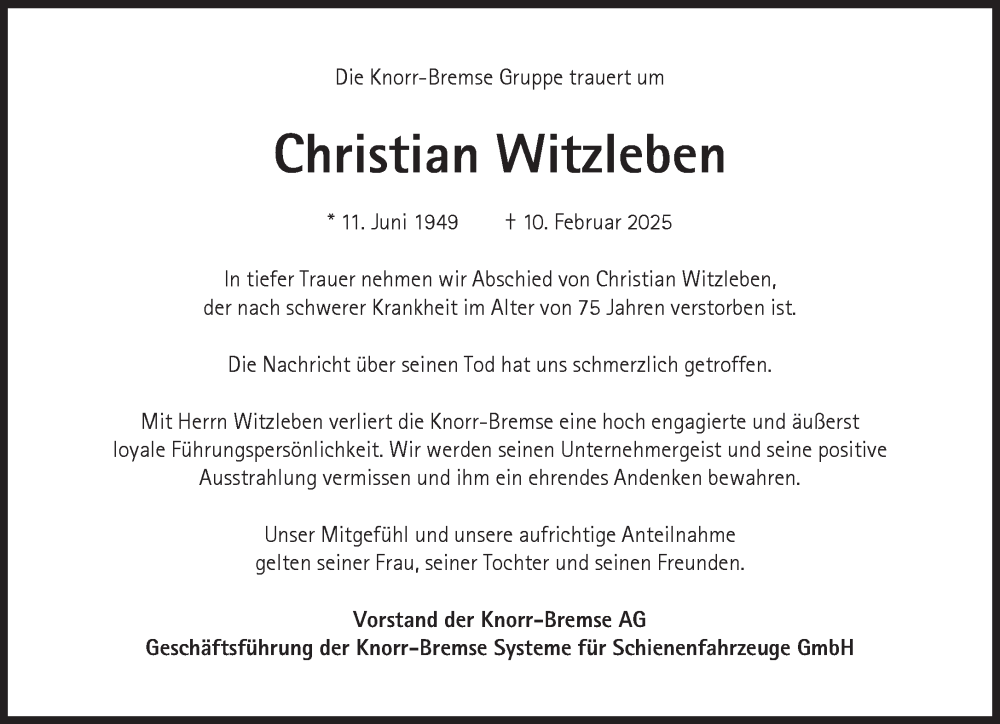  Traueranzeige für Christian Witzleben vom 15.02.2025 aus Süddeutsche Zeitung