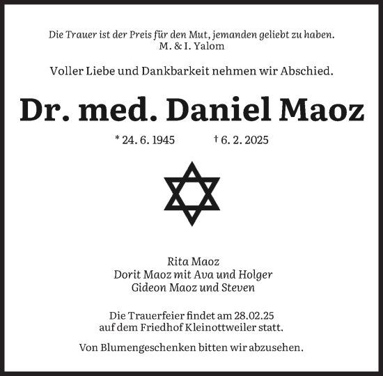 Traueranzeige von Daniel Maoz von Süddeutsche Zeitung