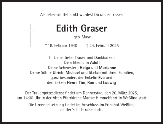 Traueranzeige von Edith Graser von Süddeutsche Zeitung