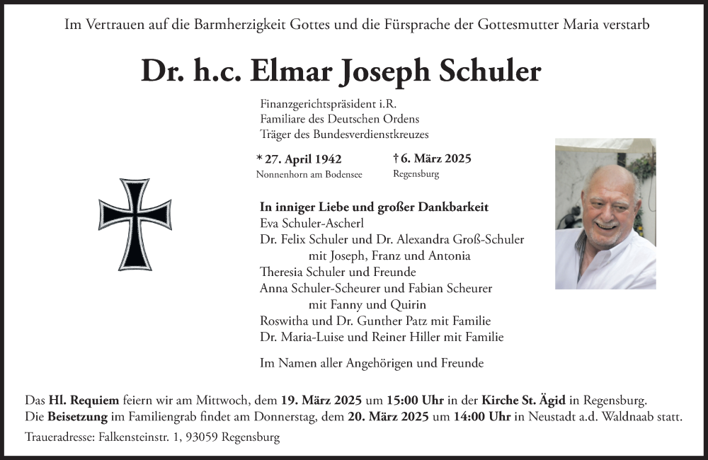 Traueranzeige für Elmar Joseph Schuler vom 15.03.2025 aus Süddeutsche Zeitung