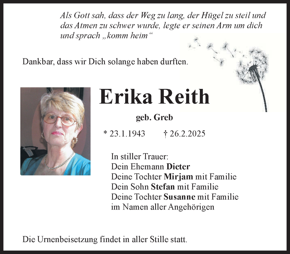  Traueranzeige für Erika Reith vom 08.03.2025 aus Süddeutsche Zeitung