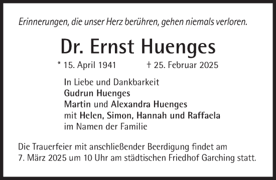 Traueranzeige von Ernst Huenges von Süddeutsche Zeitung