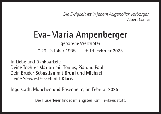 Traueranzeige von Eva-Maria Ampenberger von Süddeutsche Zeitung
