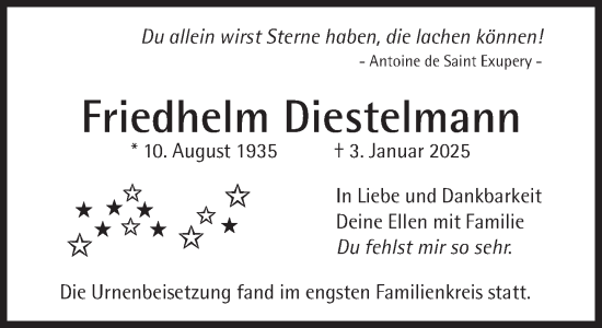 Traueranzeige von Friedhelm Diestelmann von Süddeutsche Zeitung
