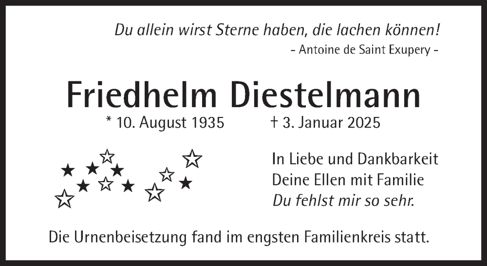  Traueranzeige für Friedhelm Diestelmann vom 22.03.2025 aus Süddeutsche Zeitung