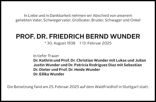 Traueranzeige von Friedrich Bernd Wunder von Süddeutsche Zeitung