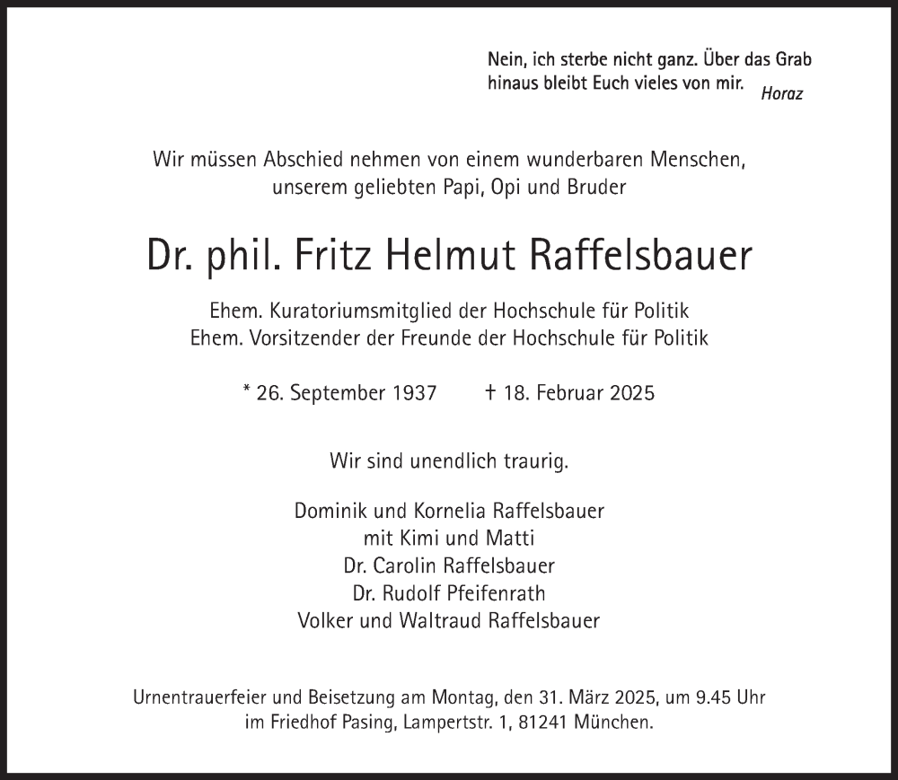  Traueranzeige für Fritz Helmut Raffelsbauer vom 08.03.2025 aus Süddeutsche Zeitung